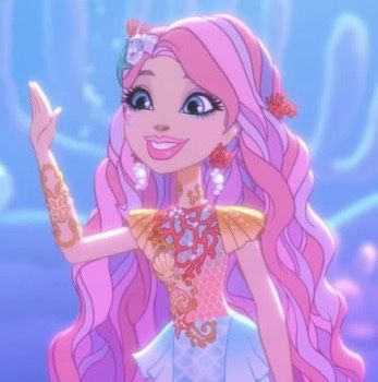 a cartoon girl with long pink hair and blue eyes wearing a tiara, smiling at the camera