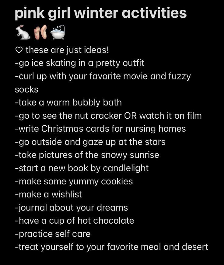 Winter Aesthetic Activities, Cozy Winter Activities, How To Romanticize Winter, Winter Self Care Aesthetic, Winter Activities Aesthetic, Girly Winter Aesthetic, Pinkmas Aesthetic, Romanticize Winter, Winter Wonderland Aesthetic