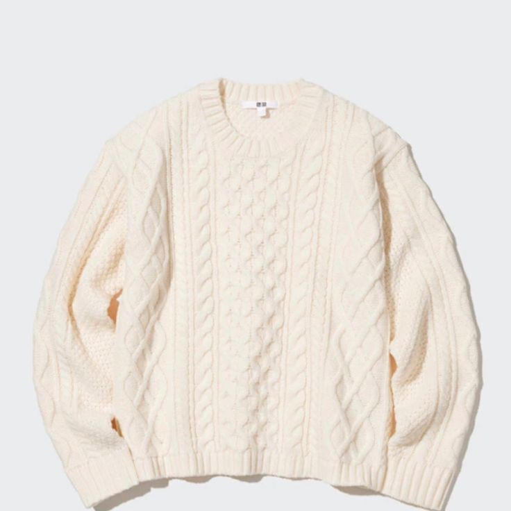 Uniqlo Cable Crew Neck Long Sleeve Sweater Size: Xs Color: Off White Brand New Cable Knit Sweater Outfit, Off White Brand, White Sweater Outfit, Uniqlo Sweater, Knit Sweater Outfit, White Cable Knit Sweater, Uniqlo Tops, White Knit Sweater, Ribbed Turtleneck Sweater