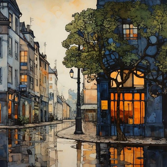 a painting of a city street at night with buildings reflected in the wet pavement and lampposts