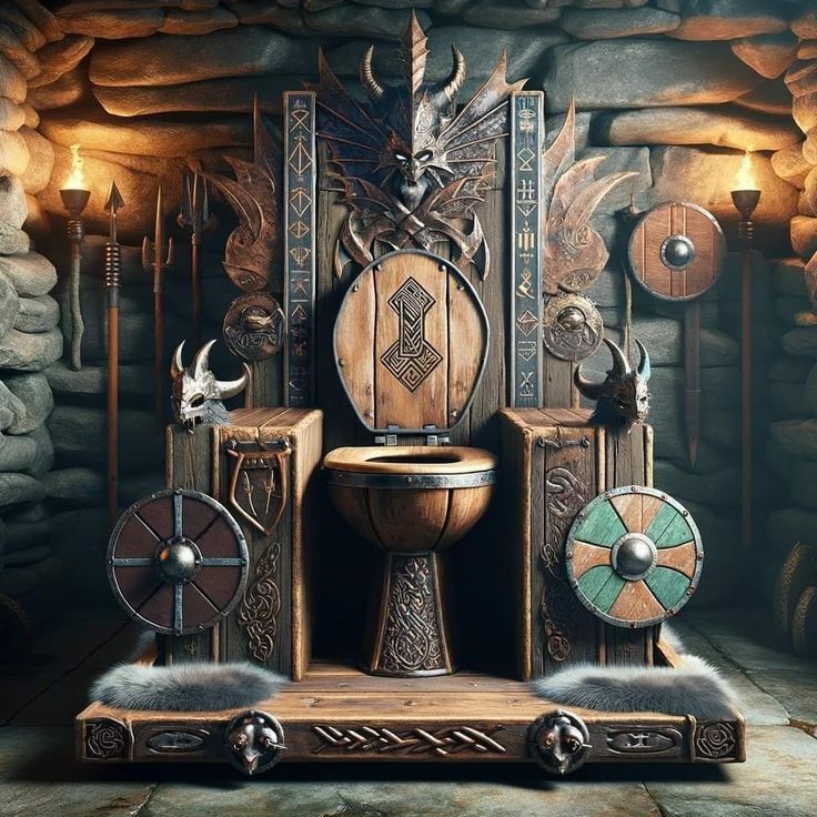 the throne is made out of wood and has various items around it, including an animal's head