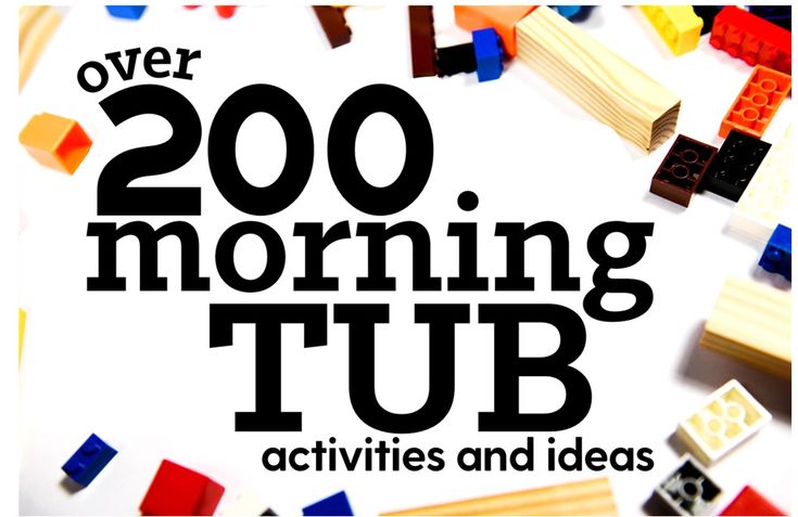 the words over 200 morning tub activities and ideas are surrounded by legos on a white background