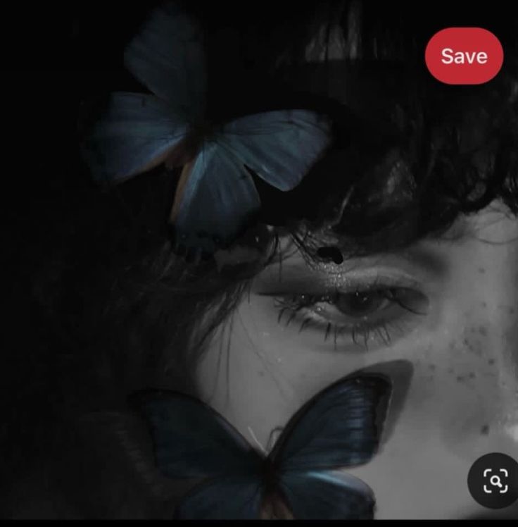 a woman's face with butterflies on her head and the words save above it