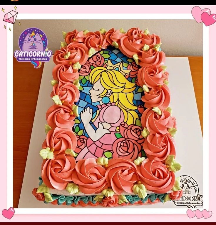 there is a cake decorated with pink icing and roses on it, as well as an image of a princess