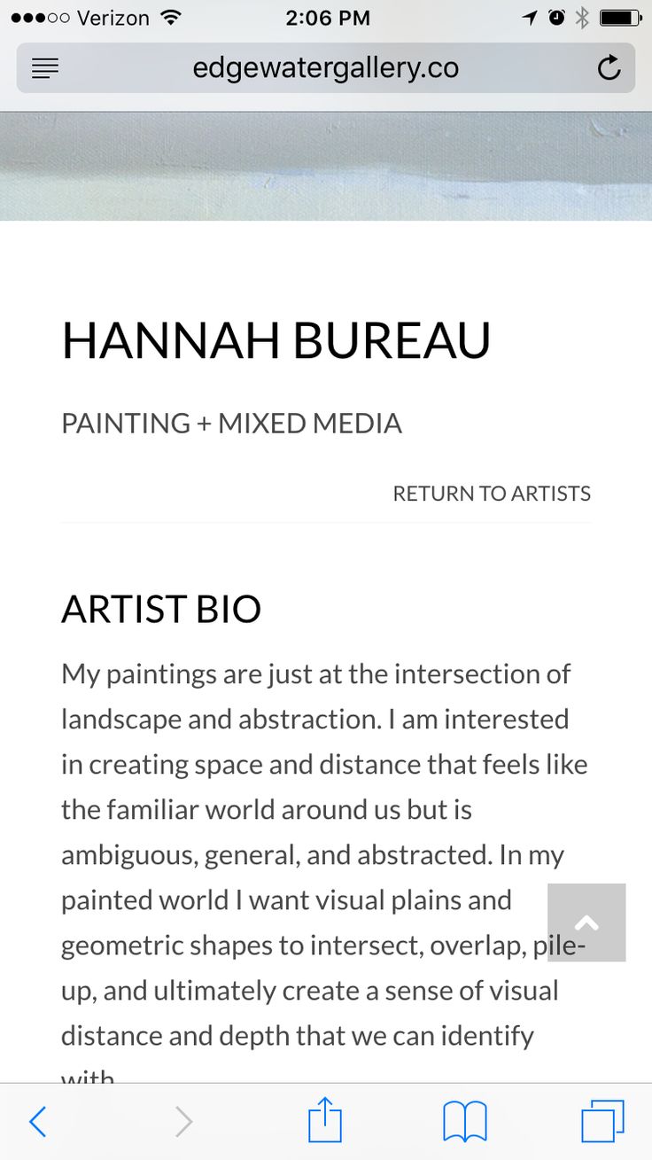 an image of the website for hannah bureau painting and mixed media artist bio