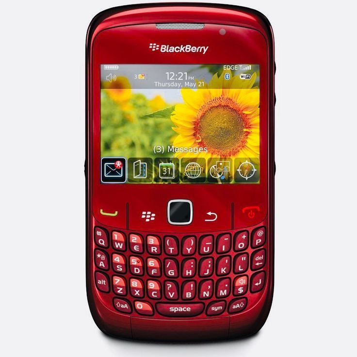 a red blackberry cell phone with a sunflower on it's screen and keyboard