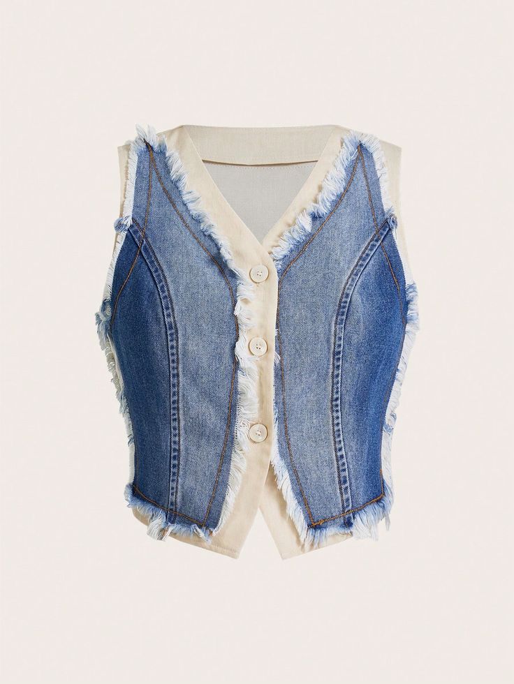 Women's Color Block Sleeveless Denim Jacket With Front Button Closure And V-Neck Light Wash Casual  Sleeveless Denim Colorblock vest Non-Stretch  Women Clothing, size features are:Bust: ,Length: ,Sleeve Length: Upcycle Jean Jacket, Sleeveless Denim Jacket, Ropa Upcycling, Embellished Denim Jacket, Denim Vests, Shein Icon, Upcycle Jeans, Embellished Denim, Y2k Jeans