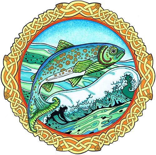 a drawing of two fish jumping out of the water in a circle with an intricate border