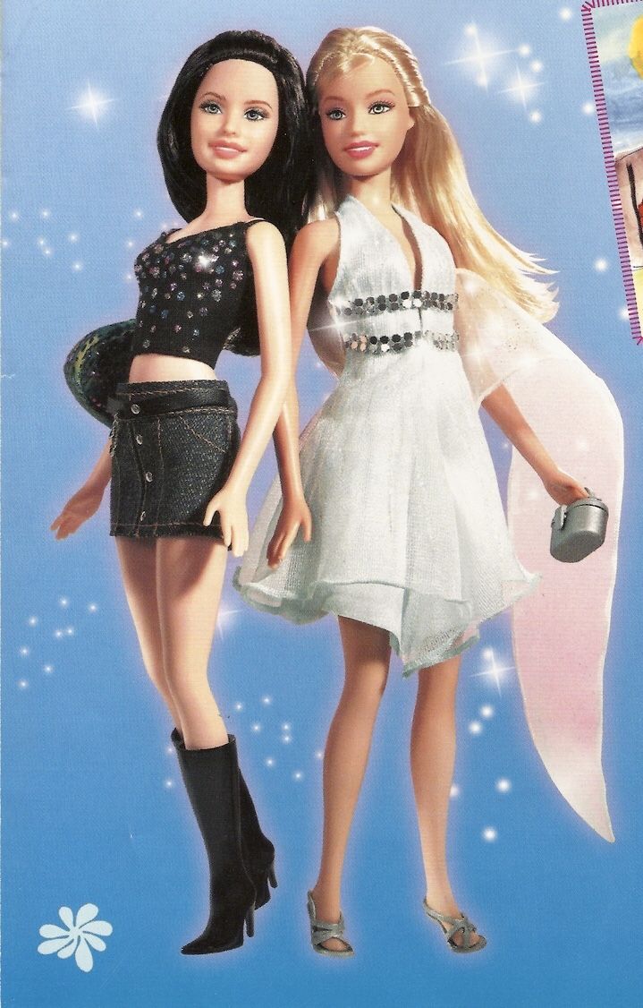 two barbie dolls standing next to each other in front of a blue sky with stars