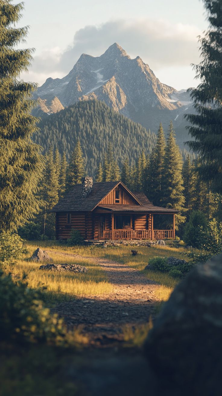 a log cabin nestled in the woods with mountains in the backgrouds behind it