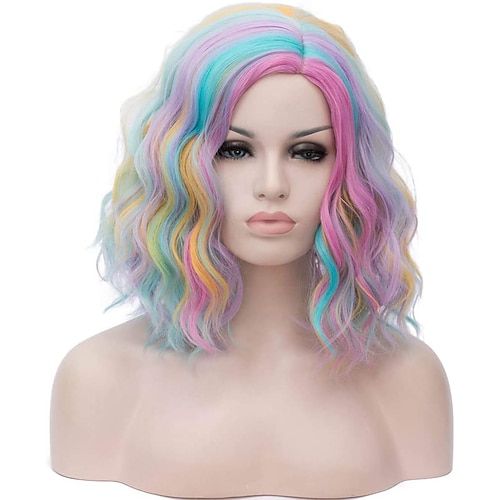 Wigs Rainbow, Aquarius Images, Bob Fashion, Colorful Bob, Curly Women, Colorful Wig, Pink Purple Ombre, Rainbow Wig, Wig Costume