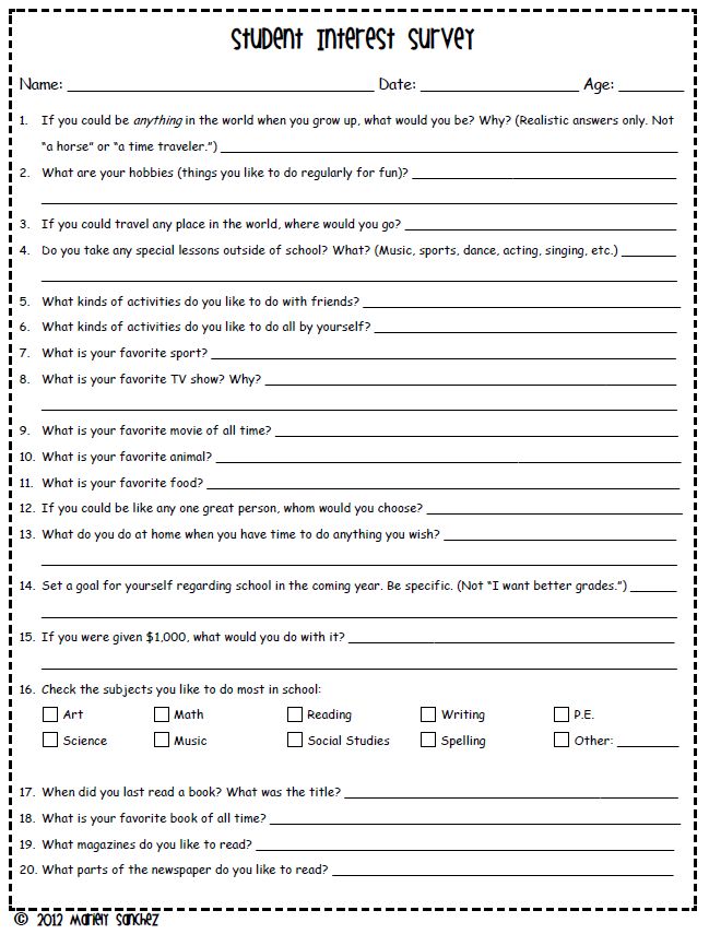 a student's survey form with question marks on the front and back page, which includes