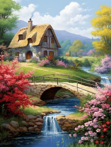 a painting of a house with a bridge over a stream and flowers in the foreground