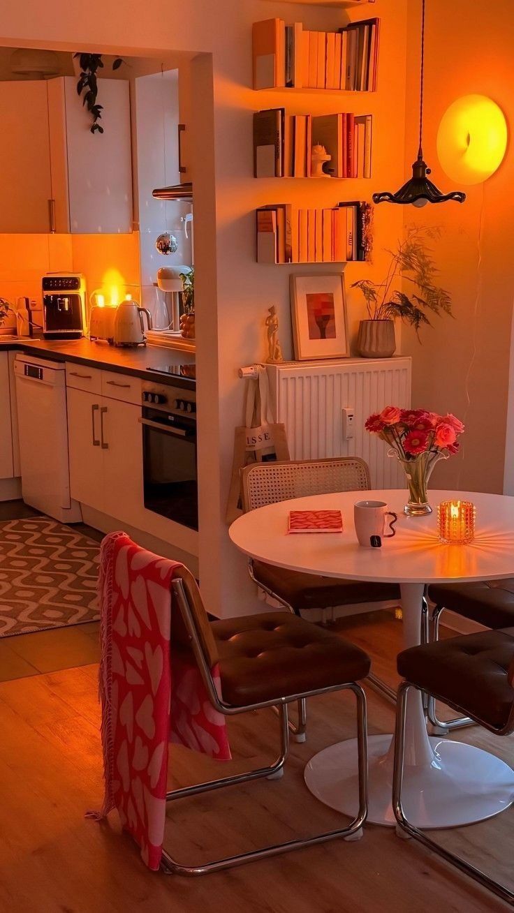 a kitchen with a table and two chairs in the center, next to an oven