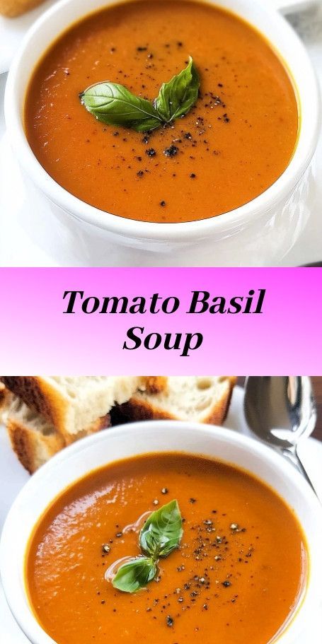 two bowls of tomato basil soup with bread on the side