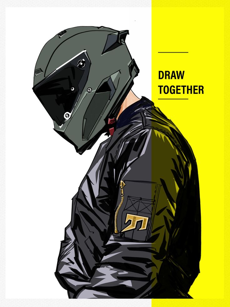 a drawing of a man wearing a motorcycle helmet with the words draw together on it