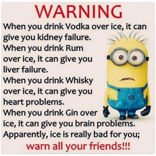 a minion saying about drinking vodka with the caption'warning if you drink vodka over ice, it can give you