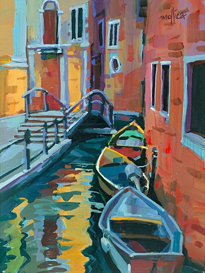 an impressionist painting of boats on a canal in venice, italy by artist mark lloyd