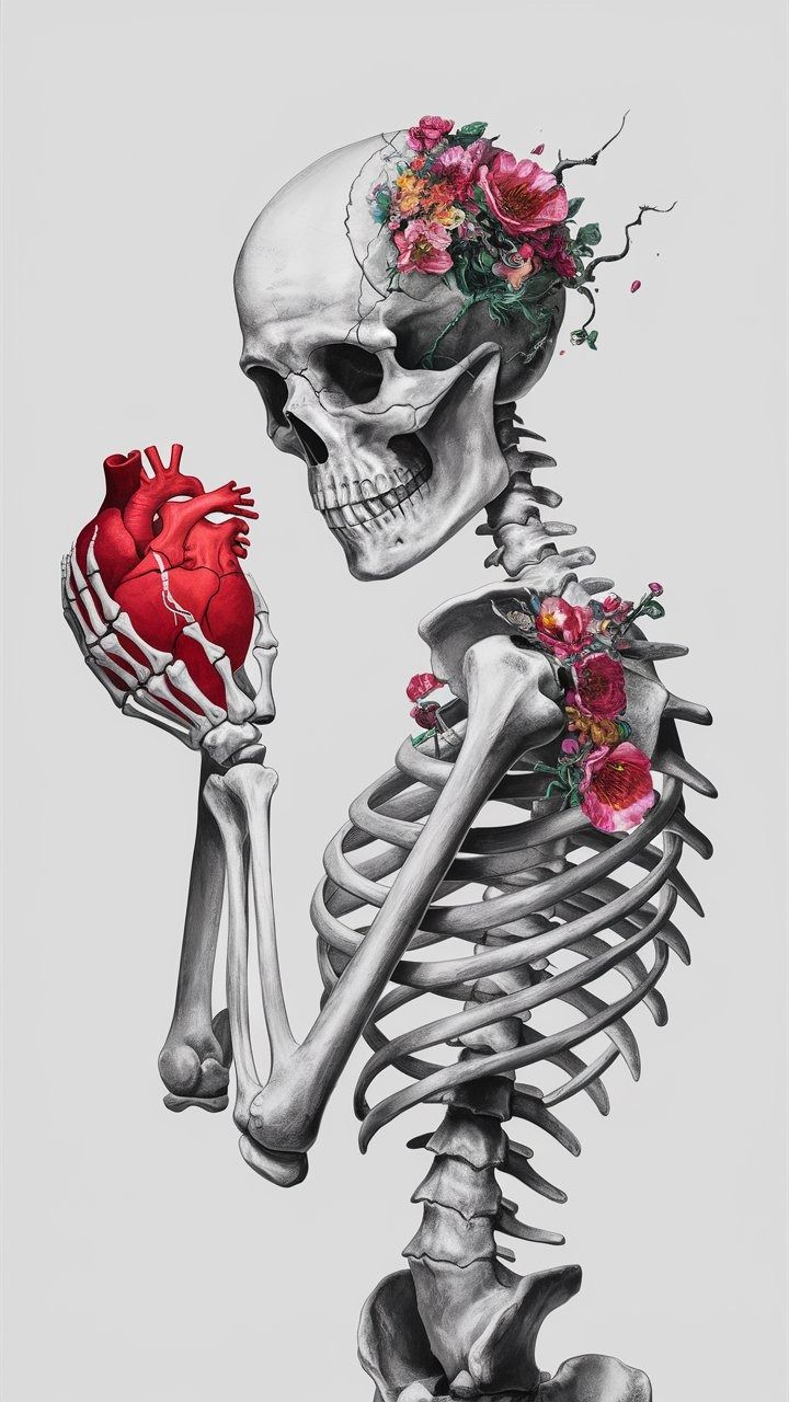 a skeleton holding a heart in its right hand and flowers on it's left arm