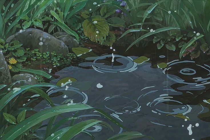 a painting of some water and plants