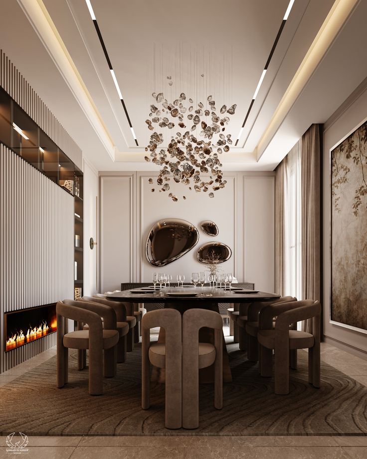 an elegant dining room with marble tables and chairs, lighted by recessed light fixtures