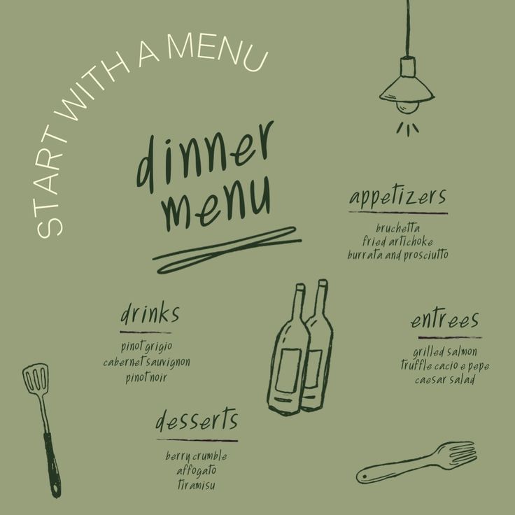 the menu for dinner is drawn in black and white on an olive green background with utensils