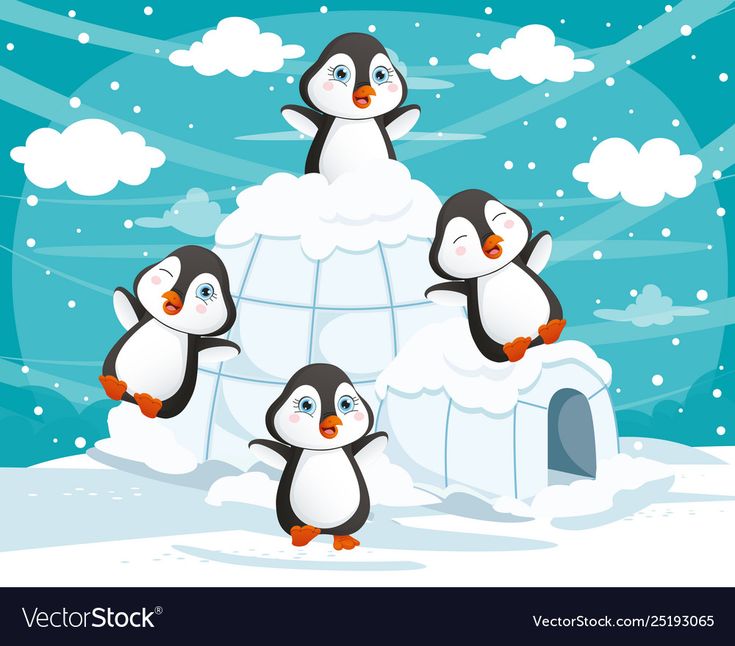 four penguins are standing on top of an igloose