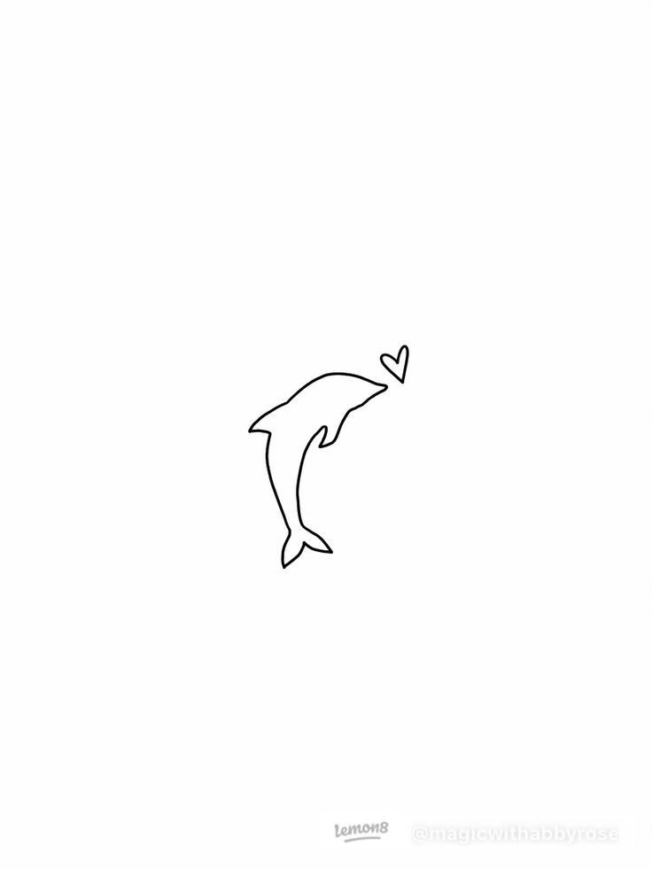 a black and white drawing of a dolphin with a heart in it's mouth