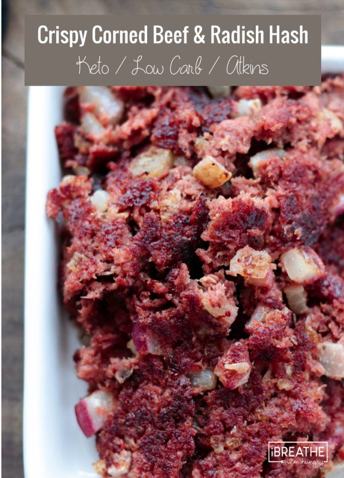 crispy corned beet and radish hash with text overlay that reads, crispy corned beet and radish hash