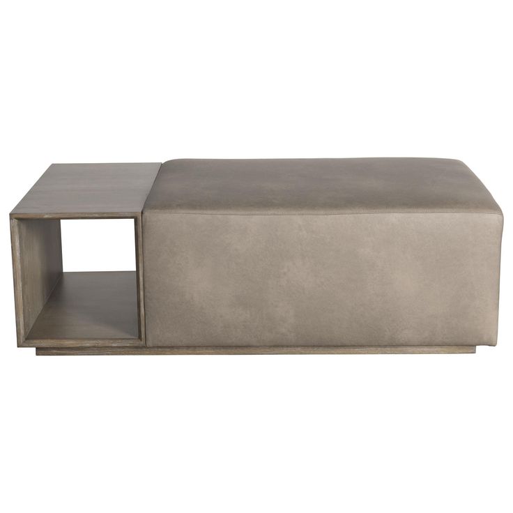 a grey bench with two shelves on each side and one shelf in the middle for storage