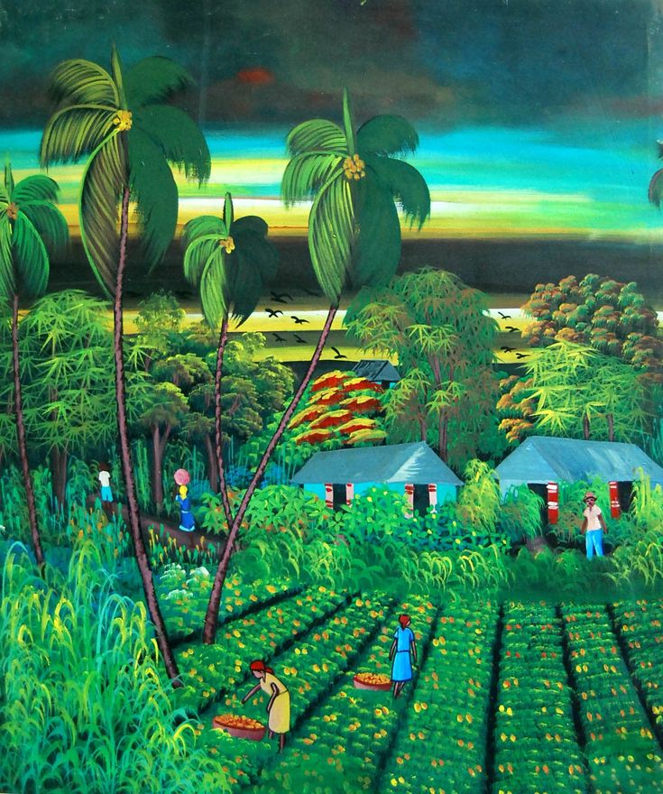 an oil painting of people working in a field with palm trees and other farm equipment