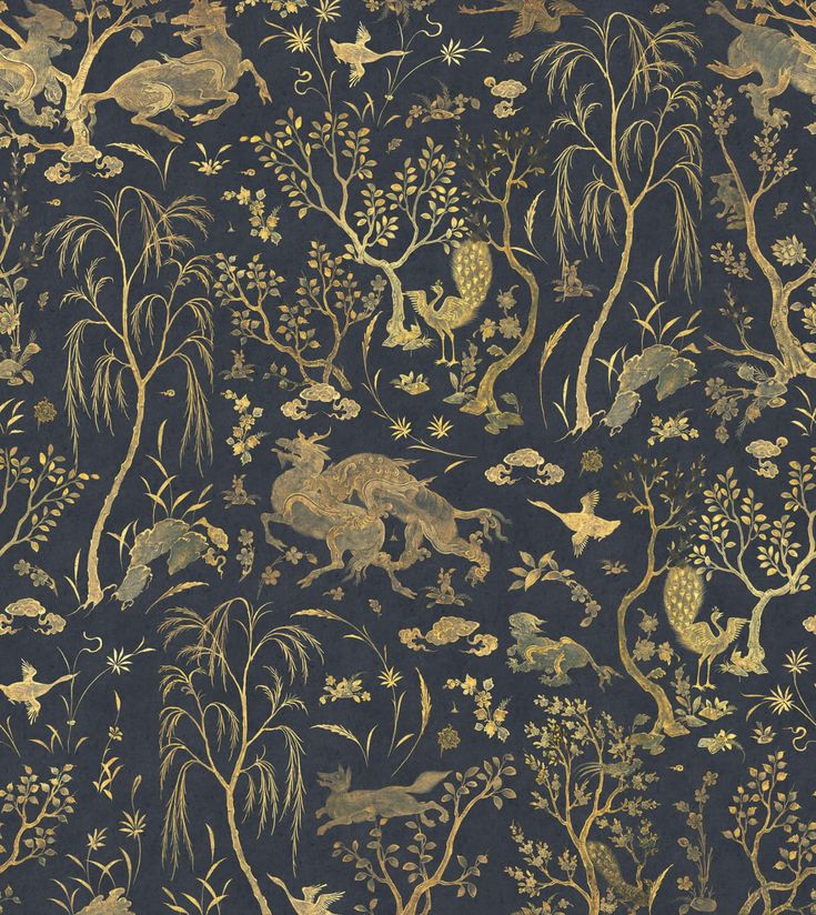 an intricately designed wallpaper with animals and plants in gold, black and blue