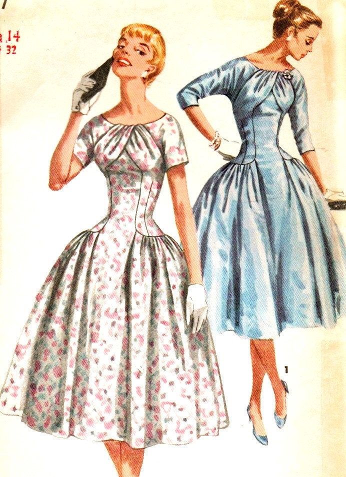 Original vintage Simplicity sewing pattern. Formal dress is similar in style to the magnificent creations by Anne Fogarty in the 50's.   Long bodice dress with full gathered skirt over the hip line. Bodice front features softly pleated detail at neckline. Kimono sleeves may be elbow length or short. Side zipper. Size 14; Bust 32; Waist 26; Hip 35. Pattern is uncut, complete and in factory folds. Envelope is very age tanned and has tape mends to edges. Pattern pieces and instructions are in very good condition. Copyright 1956. Stored and shipped in a clear, resealable, archival envelope and backing board. Reminders:  This is a manufactured, original pattern. Not a copy or PDF. This is a paper sewing pattern and not an actual garment. Pleated Neck Dress, Dress Pattern Simplicity, 1950s Dress Patterns, Bodice Wedding Dress, Party Dress Patterns, Evening Dress Patterns, Simplicity Patterns Dresses, 1950s Sewing Patterns, Patron Vintage