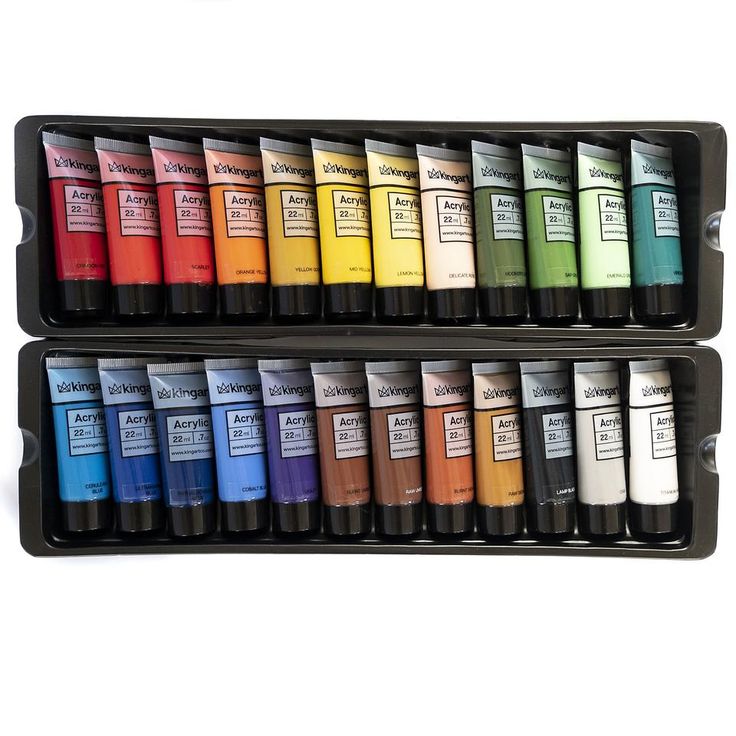 an assortment of different colors of paint in a black box on a white background with the words