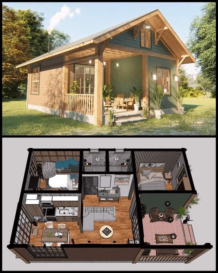 two pictures show the inside and outside of a small cabin with an open floor plan