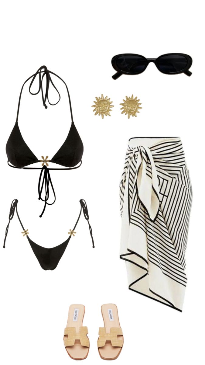 Beach outfit, black bikini set, european summer outfit idea Beach Outfits Swimsuit, Vacation Polyvore Outfits, Holiday Outfits Summer Beach Bikinis, European Summer Bikinis Outfits, Black And Gold Beach Outfit, Europe Aesthetic Bikinis, Cabo Spring Break Outfit, Sim4 Swimsuit, Holiday Beach Outfits