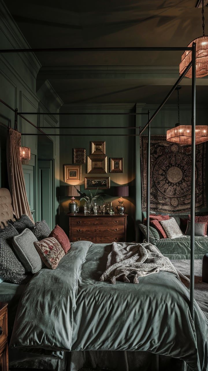 This dark sage green bedroom combines rich tones with bohemian textures for a dreamy Green Black Gold Bedroom Ideas, Moody Canopy Bedroom, Dark Moody Bedroom Aesthetic, Dark Grey Green Bedroom, Moody Gothic Bedroom, Phthalo Green Bedroom, Dark Moody Boho Bedroom, Dark Cosy Bedroom Ideas, Dark Forest Aesthetic Bedroom