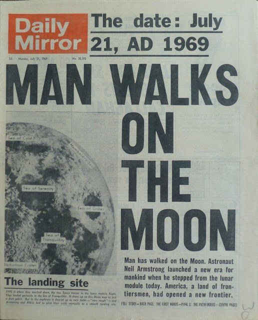 an old newspaper with the title man walks on the moon