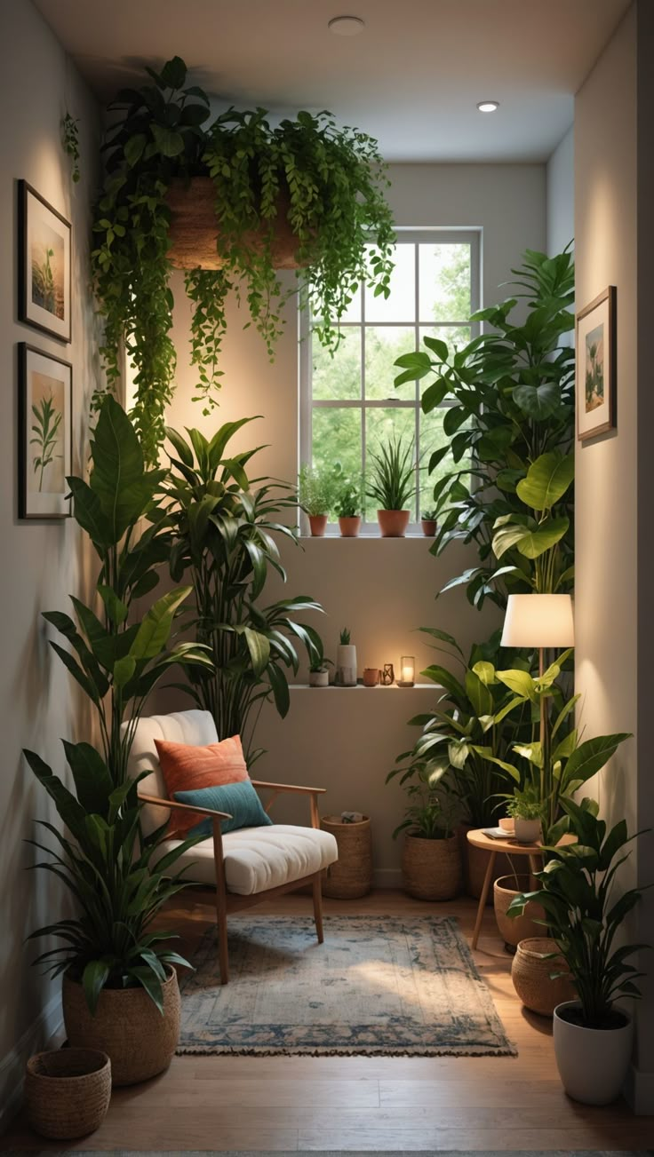 a living room filled with lots of green plants