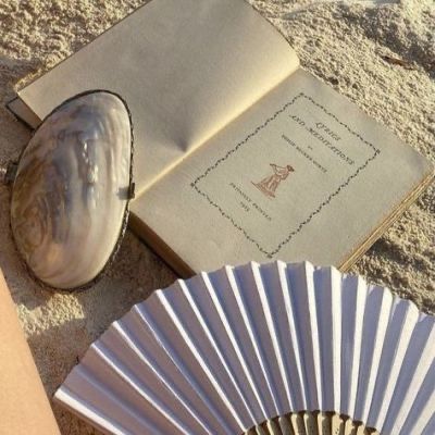 an open book and a fan on the sand