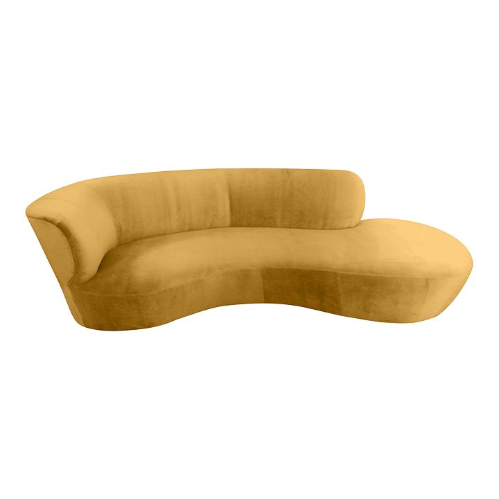 the curved couch is made from yellow velvet