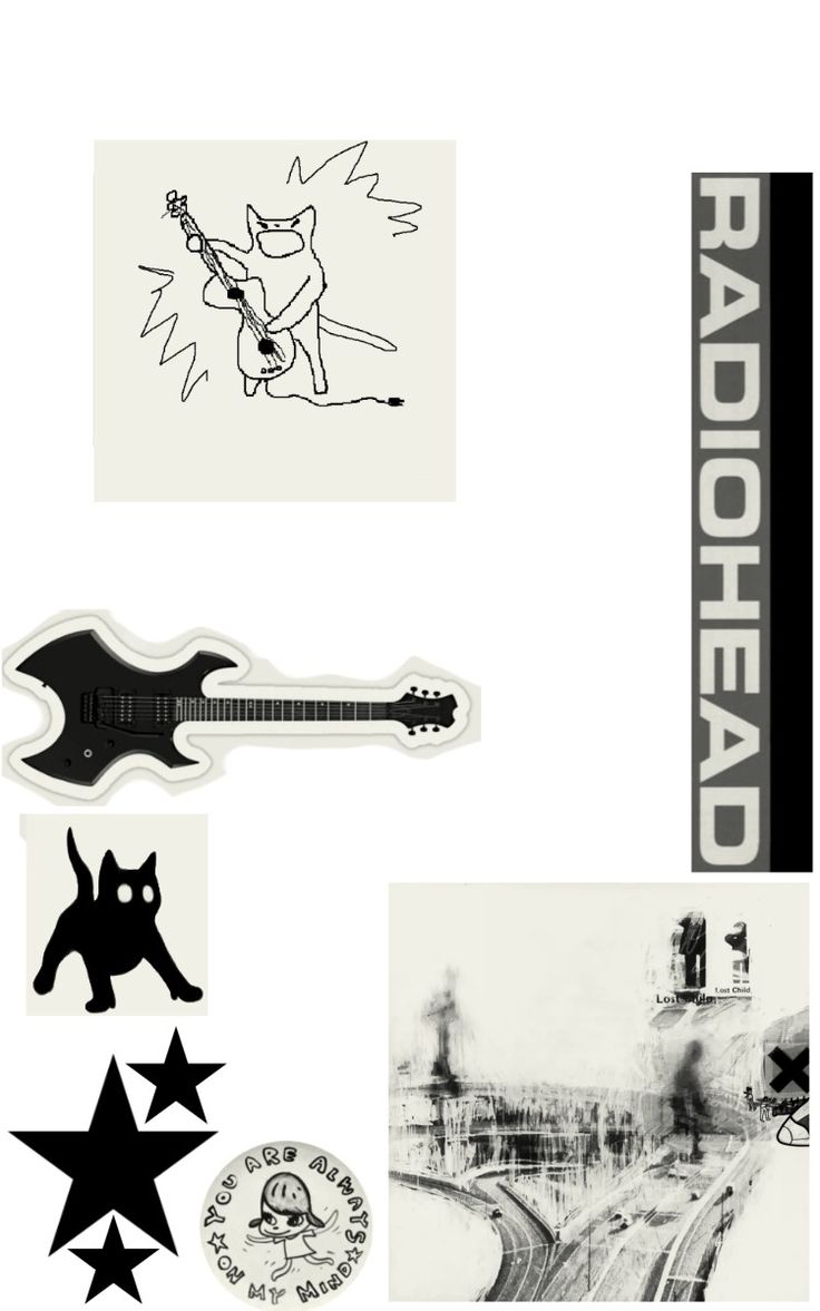 an assortment of stickers and decals on a white background with black text that reads radiohead