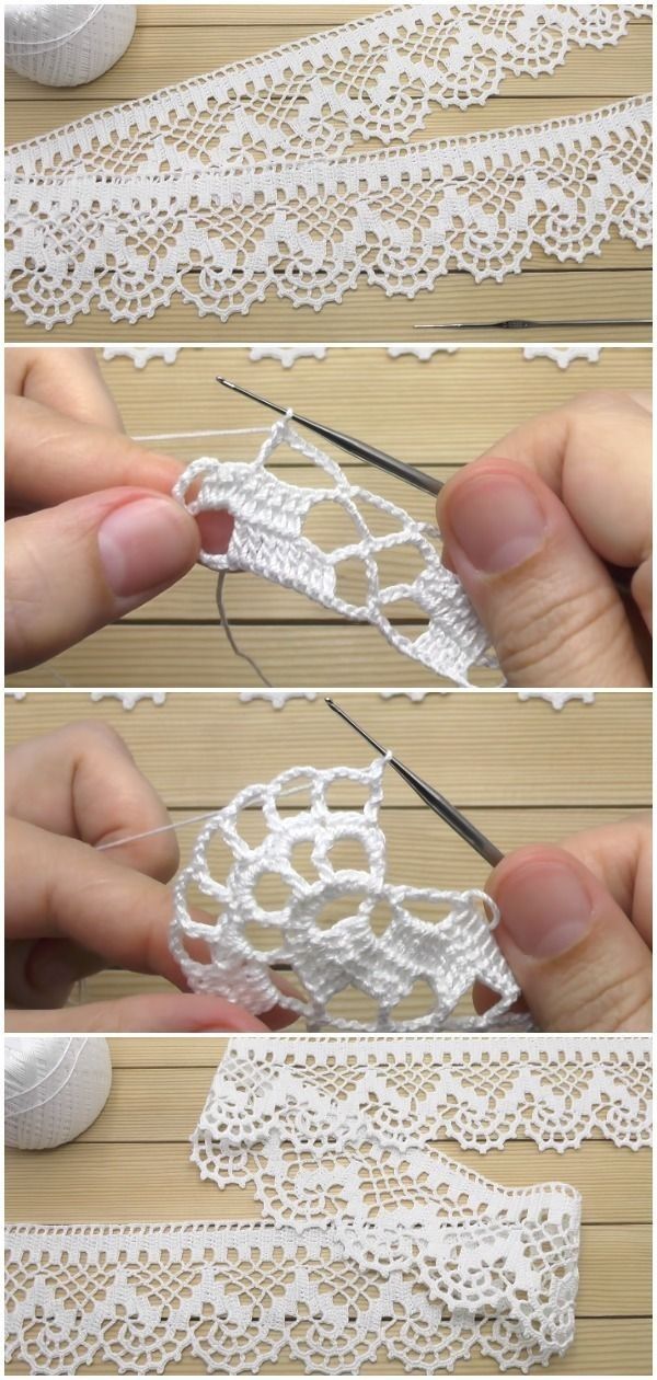 two pictures showing how to make crochet lace