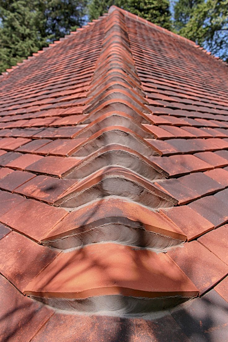 a red brick roof with trees in the background