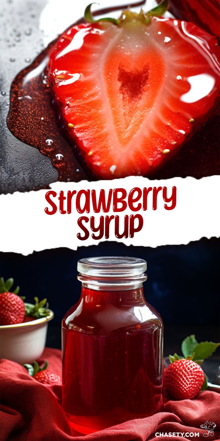 strawberry syrup in a glass jar next to a bowl of strawberries