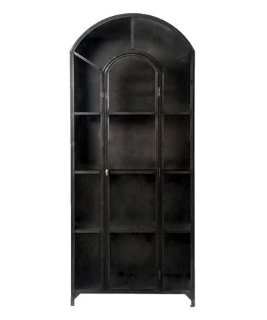 a black bookcase with an arched door and shelves on both sides, against a white background