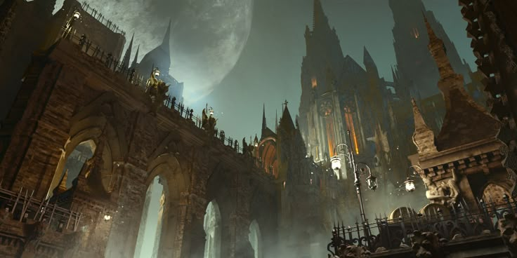 an image of a gothic castle at night with the moon in the sky above it