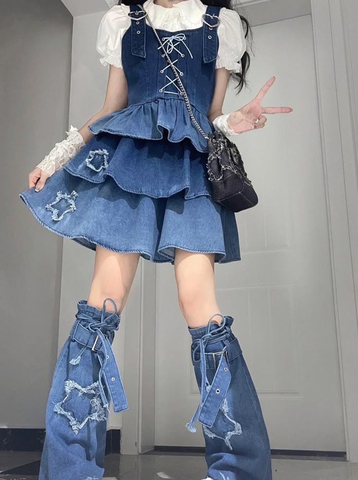 Denim Suspenders, Skirt Top Set, White Shirts Women, Skirt Denim, Kawaii Fashion Outfits, 가을 패션, Really Cute Outfits, Kawaii Clothes, Fancy Outfits