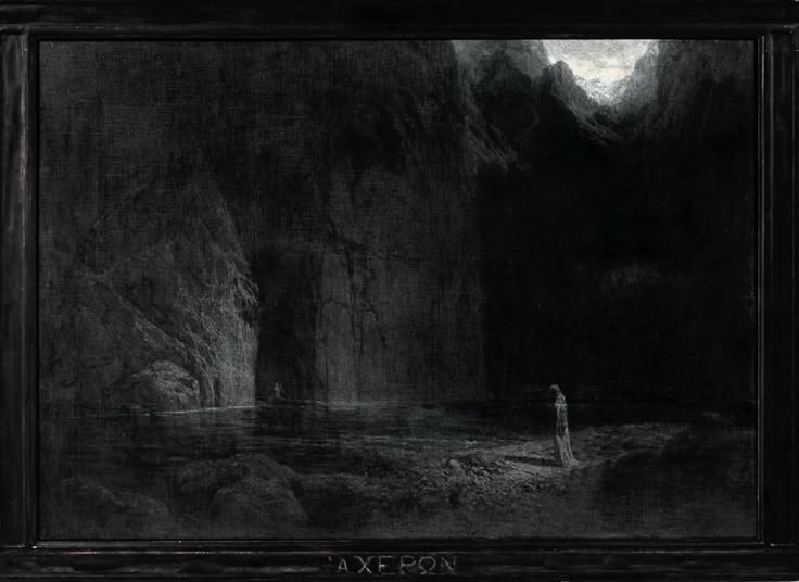 a black and white painting with a person standing in the middle of a dark cave