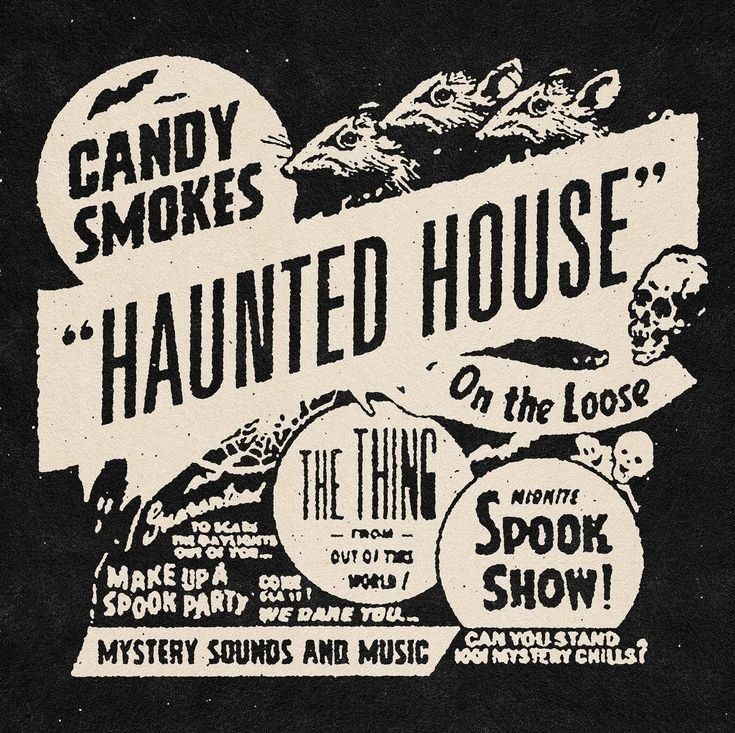 an advertisement for the candy smores's haunted house on the loose, with various stickers